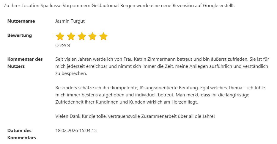 Originalbewertung der Sparkasse Vorpommern bei Google.