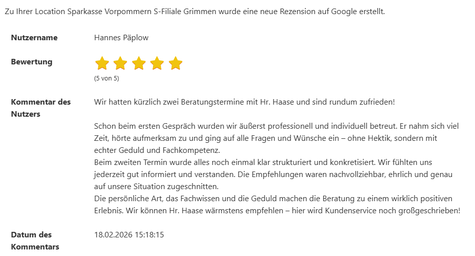 Originalbewertung der Sparkasse Vorpommern bei Google.