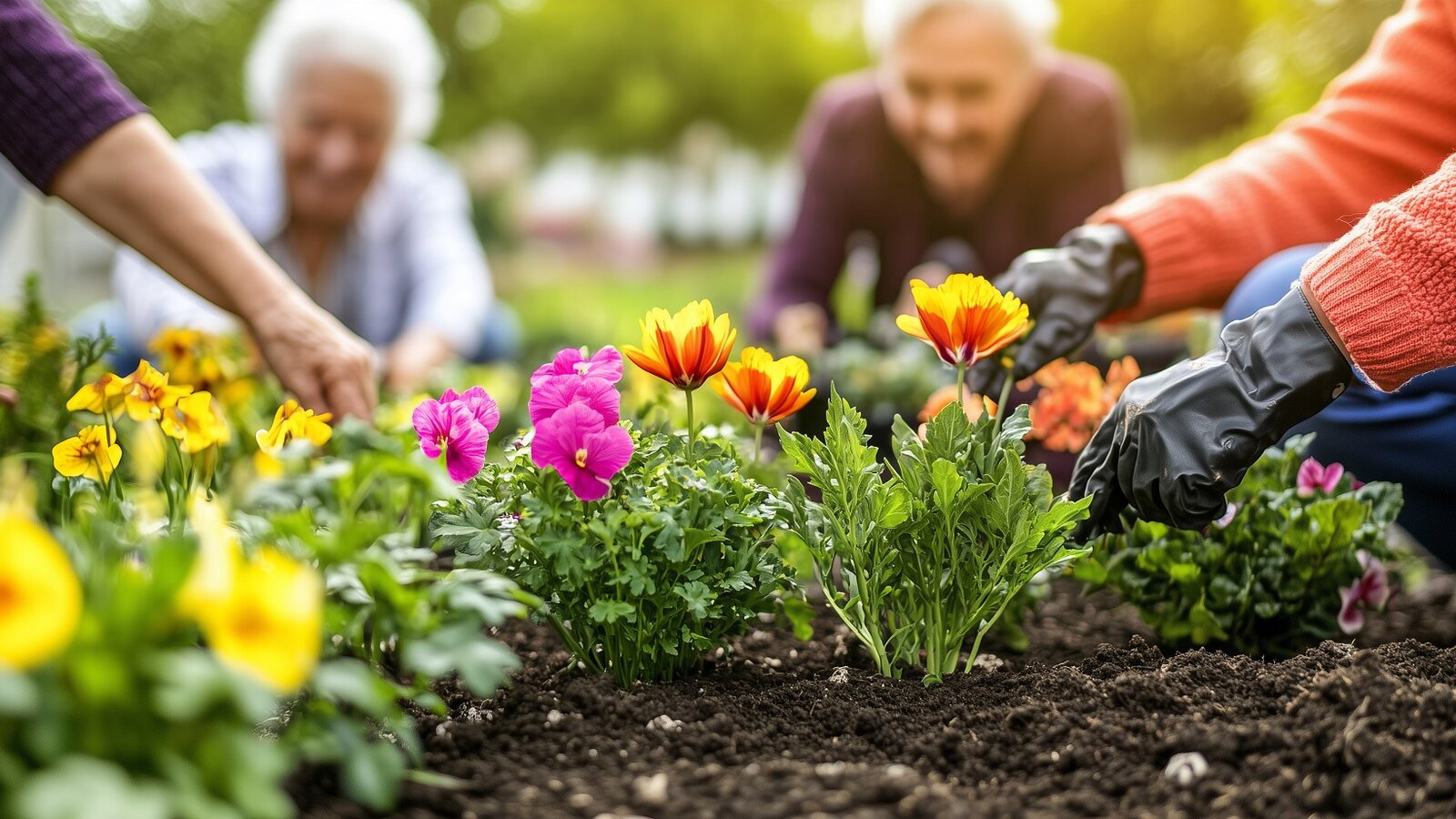 Mehrere Menschen pflanzen zusammen Blumen
