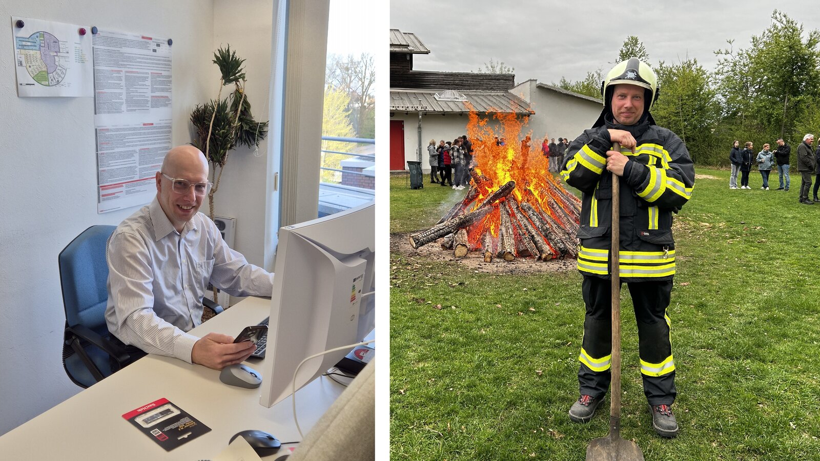 Marco Lübcke im Büro bei der Sparkasse Vorpommern und bei einem Brauchtumsfeuer für die Freiwillige Feuerwehr