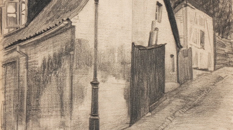 Feiningers Zeichnung "Mühlenstraße, Ribnitz" jetzt in der Galerie im Kloster Ribnitz