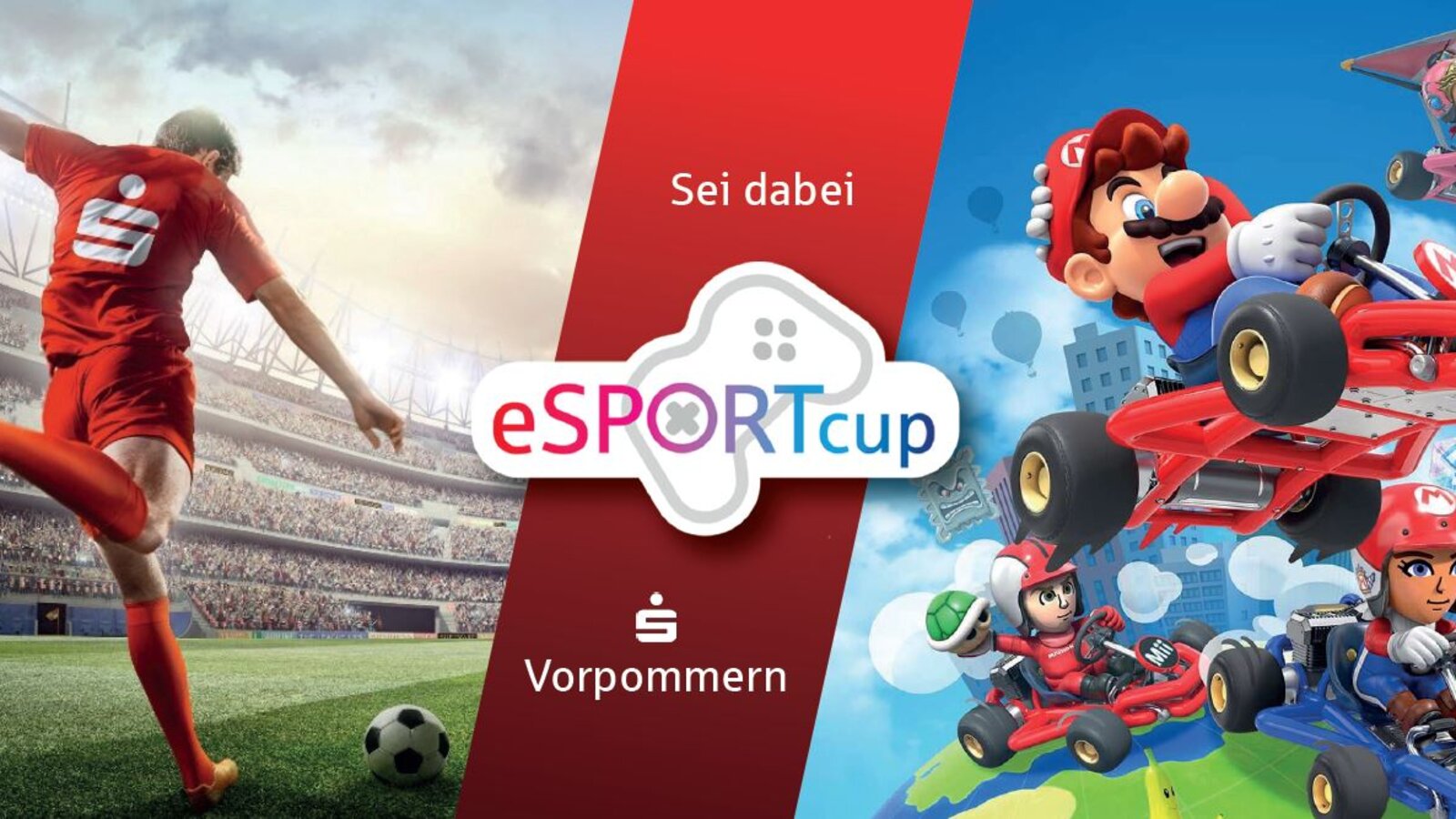 Es werden Bilder von Fifa und Mario Kart World gezeigt, um auf den eSport-Cup aufmerksam zu machne.