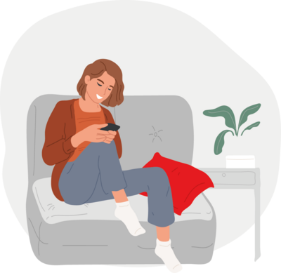 Gezeichnetes Bild: Eine Frau sitzt auf einem Sofa und schaut auf ihr Mobiltelefon,