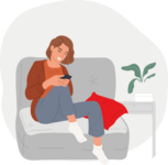 Gezeichnetes Bild: Eine Frau sitzt auf einem Sofa und schaut auf ihr Mobiltelefon,