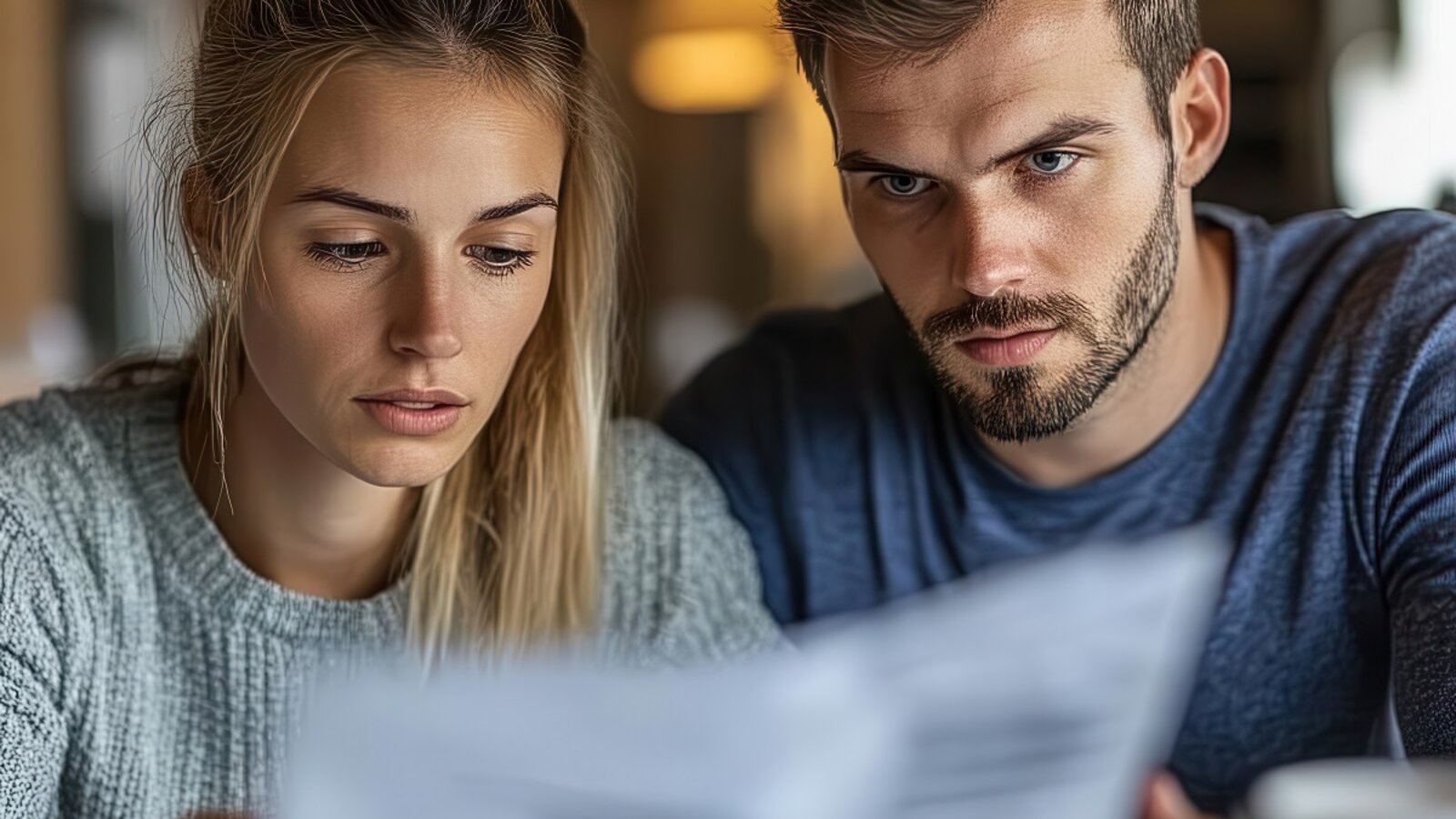 Eine junge Frau und ein junger Mann schauen gemeinsam auf ein Blatt Papier, dass wie ein Antrag aussieht.